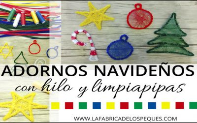 Adornos navideños con hilo y limpiapipas.